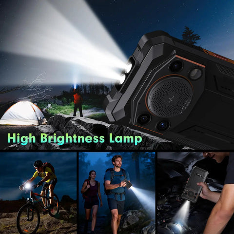 Ultra Rugged Unlocked Android 15 Powerhouse Packed With Massive 10000mAh Battery And Kickass 128dB Speaker Ironclad Waterproof Cellphone Featuring 50MP Camera Dual Sim Ready Plus Built In Flashlight For Weekend Getaways with flashlight in use at night.