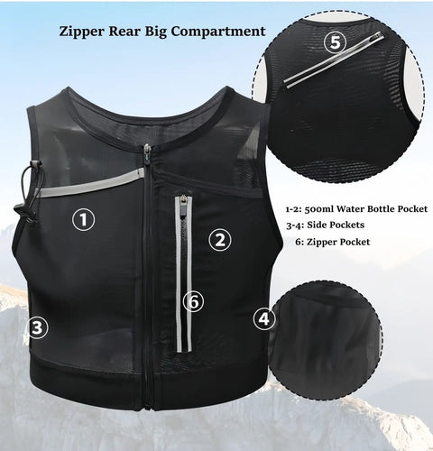 Trail Running Hydration Pack With Phone Holder Reflective Trek Vest for Teens L Size showing front zipper pocket and side pockets.
