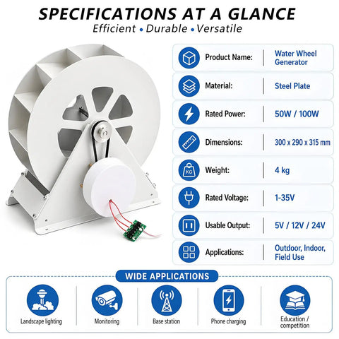 Go Off Grid Water Wheel Turbine Generator 50W 100W With Quiet Belt Drive for remote lighting and charging, with specifications chart.