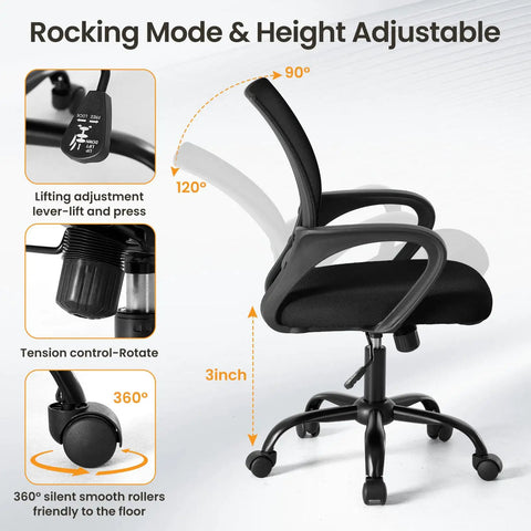 Ergonomic Office Desk Chair With Mid Back Lumbar Support All Day Comfort Adjustable Height Rocking Mode Fixed Armrests Mesh Back