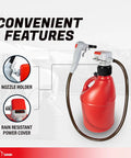 Gas can transfer pump kit mounted on a red 5-gallon jug with battery-powered pump and 4.27 ft vinyl hose