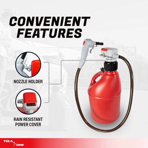 Gas can transfer pump kit mounted on a red 5-gallon jug with battery-powered pump and 4.27 ft vinyl hose