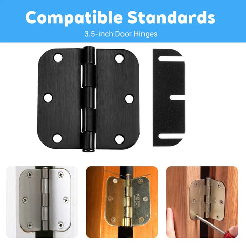 10 Pack 3.5 Inch Door Hinge Shims For Interior Doors Easy Gap Filler And Alignment Spacers To Fix Air Leaks Sticking Or Misaligned Doors Trimable Hinge Spacers Repair Kit DIY Friendly No Hassle Quick Fix, showing black shim and hinge set with installation examples.