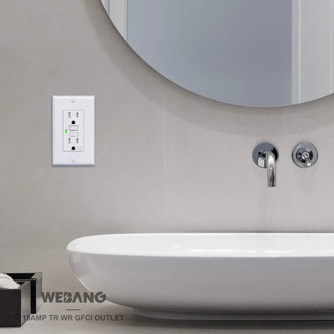 Bathroom display of Six Pack Self Test GFCI Outlets With Tamper Resistant And Weather Resistant Construction, LED Indicator, UL Listed, White