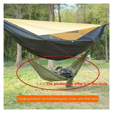 Ultralight Hammock Storage Sling For Bikepacking And Camping Gear shown under a hammock with open-air design outdoors.