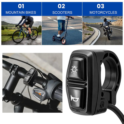 Universal Motorcycle Handlebar Control Switch With Integrated Headlight And Horn Toggle for bikes and scooters, 22mm size.