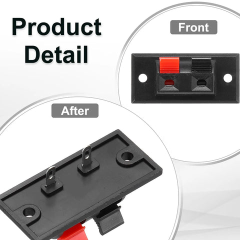 Front and back view of 2 Way Spring Terminal Clip Push Release Connector Plate Jack Socket for Speaker Terminal Block kit