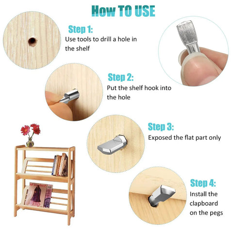 Installation steps of 100 Pack Nickel Plated Shelf Pins, 5mm Spoon Shape Shelf Support Pegs for Bookshelves, Cabinets, Closets.
