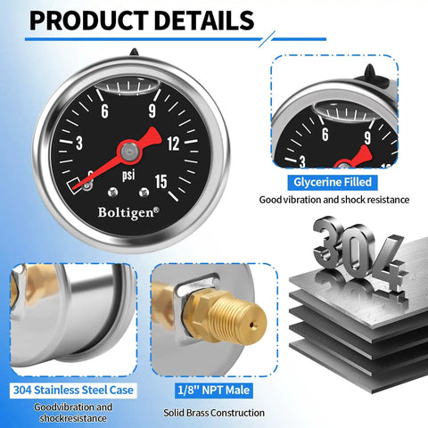 Dead Nuts Accurate Fuel Pressure Gauge Kit 0 To 15 Psi Glycerin Filled Dial with stainless steel case and 1/8 NPT male thread.