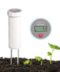 Industrial Grade Digital Soil pH Meter With No-Hassle Calibration-Free LCD Display and stainless probes in soil near plants