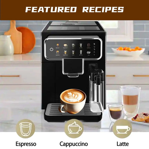 Top Shelf Fully Automatic Espresso Machine With Built In Grinder One Touch Cappuccino Latte Americano Self Cleaning No Drama Quick Grind Go To Coffee Station featuring cappuccino and espresso cups.
