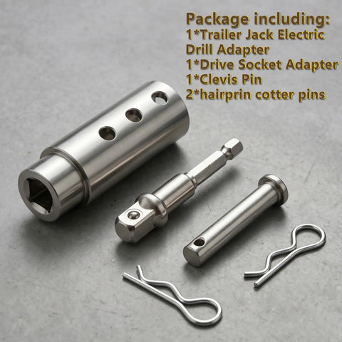 Beefed Up Stainless Steel Trailer Jack Drill Adapter With One Inch Drive Shaft And Half Socket Bit Rock Solid Power Jack Tool, detailed view of components.