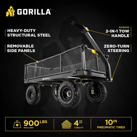 Heavy-Duty Steel Utility Cart With 4 Cu Ft Bed And 900 LB Load Capacity, Black Towable Hauling Wagon With Removable Side Panels