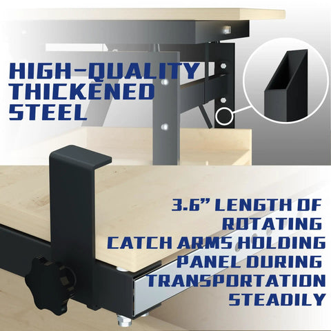 Panel Handler Cart And Shop Stand With Tilting Mover And Rolling Casters For Drywall And Woodworking showing steel frame and rotating catch arms.