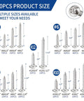 600 Piece 304 Stainless Steel Wood Screws Set With 18 Sizes Self Tapping Phillips Pan Head For Wood And Sheet Metal Sizes Four Through Twelve Lengths From Three Eighths Inch To One And A Half Inches Silver shown with various screw sizes and lengths.