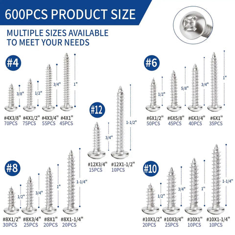 600 Piece 304 Stainless Steel Wood Screws Set With 18 Sizes Self Tapping Phillips Pan Head For Wood And Sheet Metal Sizes Four Through Twelve Lengths From Three Eighths Inch To One And A Half Inches Silver shown with various screw sizes and lengths.