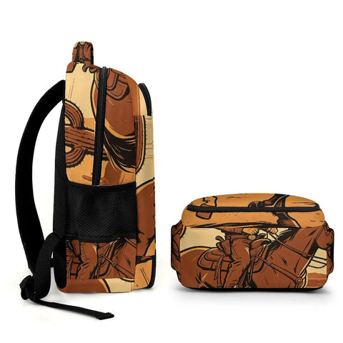 Desert Cowboy Horse Sunset Print Backpack For Unisex Everyday Use, side view showing large capacity and durable polyester material.