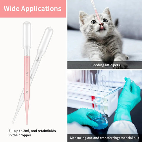 100 Pack 3ml Disposable Plastic Pipettes With Graduated Measurements For Science Labs And Home Experiments Ideal For Essential Oils Cosmetics Makeup Transfer DIY Projects Soft Polyethylene Droppers; clear dropper with 3ml marks