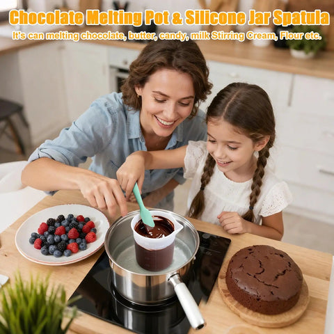 Mother and daughter using Go To Silicone Chocolate Melting Cup Set With 4 Measuring Cups 250ml And 350ml And 4 Heat Resistant Jar Spatulas