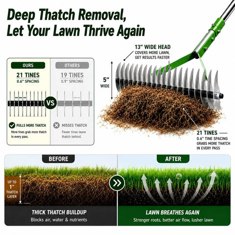 Powerful Thatch Rake For Lawns With 13 Inch Wide Head And 21 Carbon Steel Tines Dual Sided Dethatching Tool And Scarifier diagram