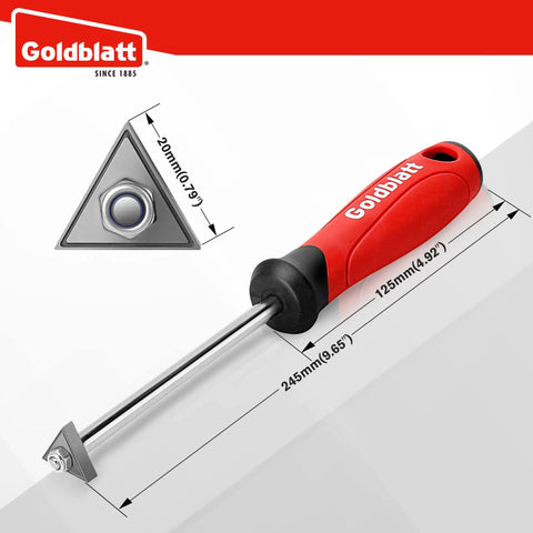 Pro Grade Grout Removal Tool With Replacement Carbide Tip Caulking Remover And Scraper With Soft Grip Handle displayed with measurements