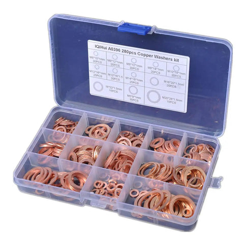 Ultimate 280-Piece Solid Copper Sump Plug Washer Set Kit With Complete Metric Pack Oil Drain Seals For Auto And Marine Engines To Stop Drip Leaks Like A Boss During Quick Maintenance And Major Repairs. Open plastic organizer with copper washers