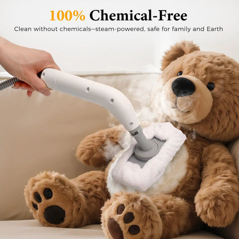 Handheld Steam Cleaner All In One Kit Crushes Tough Stains Fast using steam on a stuffed bear for deep clean, eco-friendly fabric care.