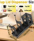 High Capacity Cup And Lid Organizer For Coffee Stations All-In-One Vertical Disposable Paper Cup Dispenser With Straw Storage Basket next to coffee maker