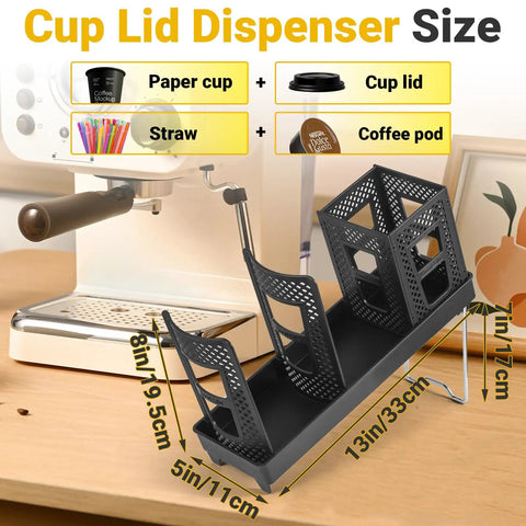 High Capacity Cup And Lid Organizer For Coffee Stations All-In-One Vertical Disposable Paper Cup Dispenser With Straw Storage Basket next to coffee maker