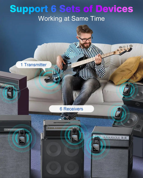 Musician using Wireless Guitar System 2.4GHz Six Channel Pro Grade Audio with 24Bit 48KHz on electric guitar, showing setup with amps.