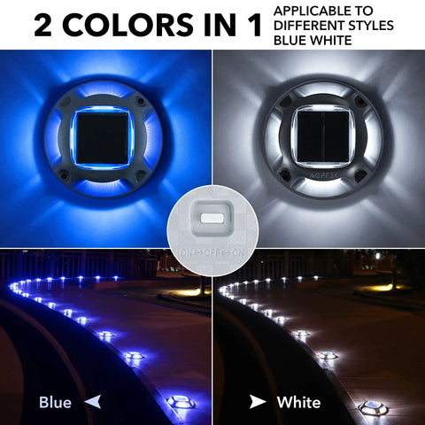 Solar Driveway Lights 16 Pack With Dual Color Modes Blue Light Or Cool White for path lighting at night, close-up view