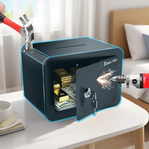 Compact Money Safe with Key Lock and Coin Slot, resisting drill and hammer on table, housing cash and valuables.