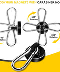 Heavy Duty Magnetic Hooks Set, 70 Lbs Neodymium Magnets With Swivel Carabiner shown with 360-degree rotation and 180-degree swivel feature