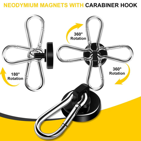 Heavy Duty Magnetic Hooks Set, 70 Lbs Neodymium Magnets With Swivel Carabiner shown with 360-degree rotation and 180-degree swivel feature