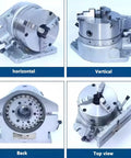 Heavy Duty Beast Rotary Table With 6 Inch 3 Jaw Chuck And Precision Indexing Head in horizontal, vertical, back, and top views.