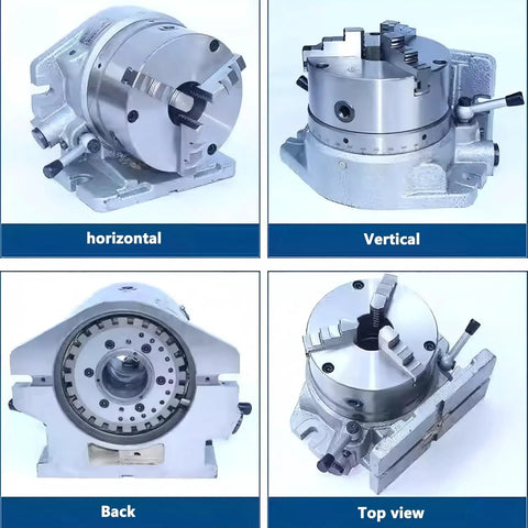 Heavy Duty Beast Rotary Table With 6 Inch 3 Jaw Chuck And Precision Indexing Head in horizontal, vertical, back, and top views.
