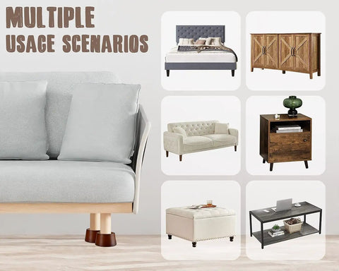 Premium Solid Wood Bed Risers Set Of 4 used with different furniture styles including sofas, beds, and tables.