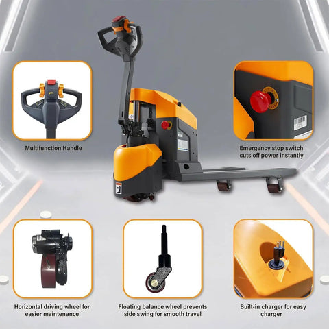 ApolloLift Electric Pallet Jack 3300 Lbs Capacity with multifunction handle and emergency stop switch for warehouse jobs.