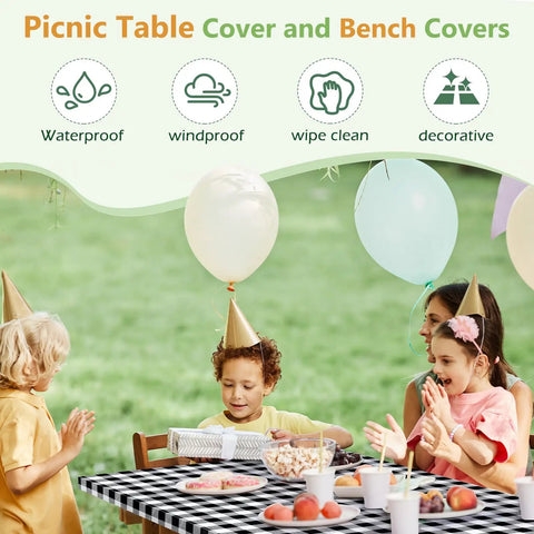 Children celebrating at a party with a Picnic Table Cover With Bench Covers 72x30 Inches 3 Piece Set Elastic Edges Fitted, outdoors.