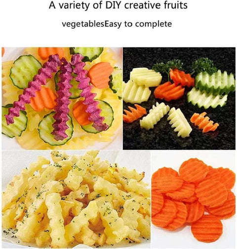 YukaBa crinkle potato cutter, black stainless handheld chopper with a wavy blade; crinkle-cut potatoes and vegetables.