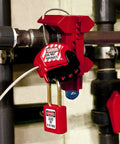 Red Lockout Tagout Safety Padlock with Key for Electrical Work Non Conductive Thermoplastic Body Durable Metal Shackle OSHA Compliant Lockout Tool 410RED securely attached to industrial pipe for safety.