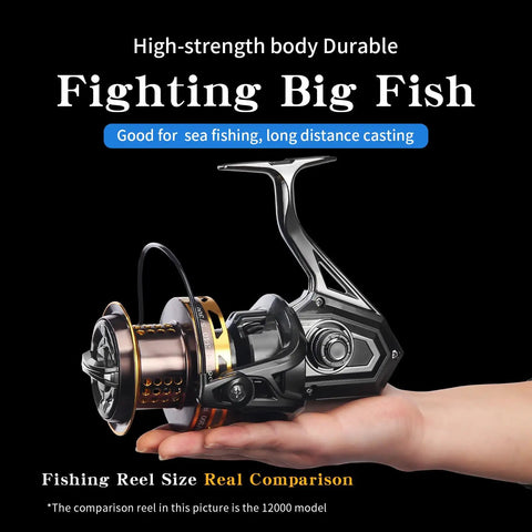 Person holding Surf Spinning Fishing Reel 8000 12000 With 20Kg Drag Power Backlash Free Bearings All Metal Frame Zinc Alloy Gear