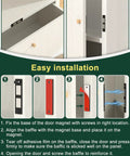 Installation steps for Ultra Thin 30 Lb Magnetic Cabinet Door Catch Set, 12 Pack Double Magnet Latches shown on wooden cabinet.