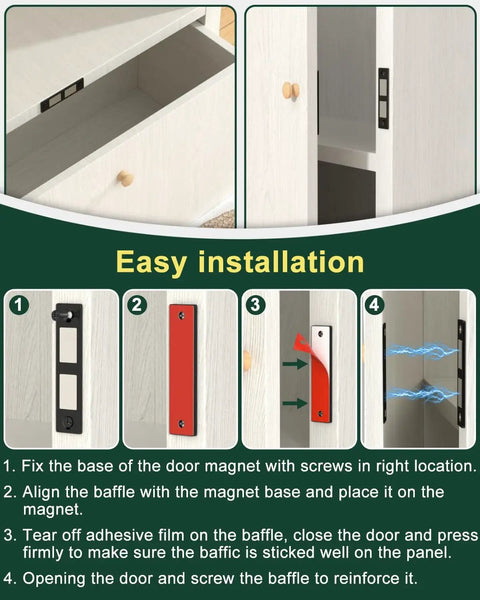 Installation steps for Ultra Thin 30 Lb Magnetic Cabinet Door Catch Set, 12 Pack Double Magnet Latches shown on wooden cabinet.