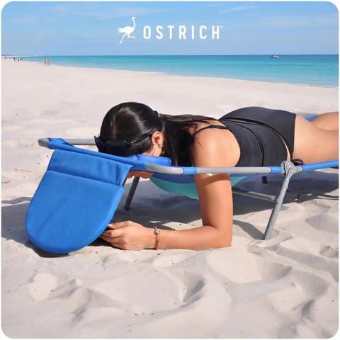 Woman using Ladies Chest-Support Comfort Lounger Foldable Portable Reclining Outdoor Chair For Beach Pool Patio Camping Tanning Lounging Lawn Sunbathing Ocean Blue.