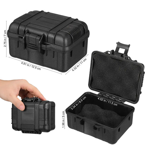 Portable Plastic Toolbox With Carry Handle And Locking Lid For Small Hand Tools Storage Organizer Durable Hard Case Weather Resistant Gear Hauler Built For No Sweat Hauling Anywhere shown from multiple angles with dimensions.