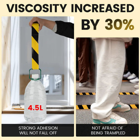 Built Tough Industrial Caution Tape For Warehouse Floors That Crush Resists Forklifts And Waterproof Construction While Delivering Long Haul Safety Strips For Factories And Parking Lots Daily, 6 mil tape securing 4.5L bottle.