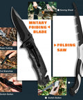 All In One Outdoor Survival Gear Set With Large Camping Backpack And First Aid Kit, Ultimate Camping Equipment For Hiking Adventures, Ready To Roll Backpack With Essential Tools, showing tactical folding knife and saw