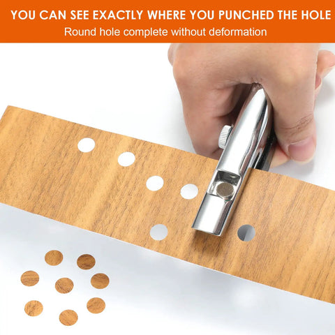 Pro Grade Heavy Duty Single Hole Puncher For Paper Cardboard And PVC creating clean 3/8 inch holes in brown cardboard.