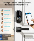Badass 7 In 1 Fingerprint Smart Deadbolt Lock With App Control And Key Fobs In Sleek Matte Black showing features and user interface.